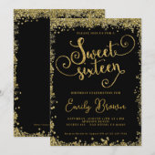 16歳の誕生日招待状 ブラック & 偽のゴールドグリッター 招待状 (正面/裏面)