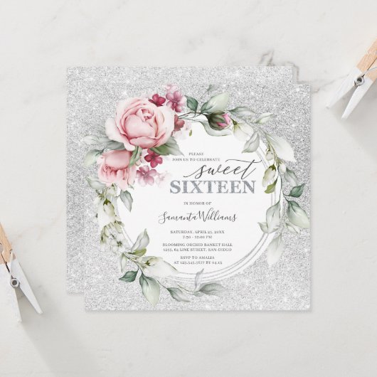 16歳の誕生日輝くスクエア|ローズシルバー 招待状 (正面/裏面インサイチュ)