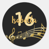 16歳の誕生日金ゴールド音楽ノートエレガントブラック ラウンドシール (正面)