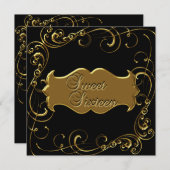 16歳の誕生日 おしゃれ ブラック ゴールド 招待状 (正面/裏面)