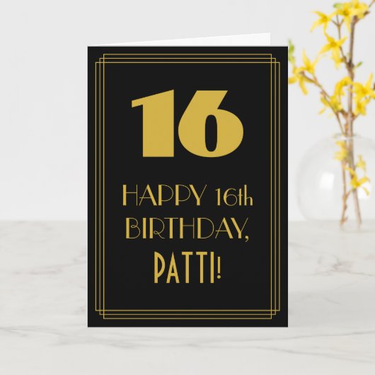 16歳の誕生日~アールデコ調のデザイン「16」と名前 カード (黄色い花)