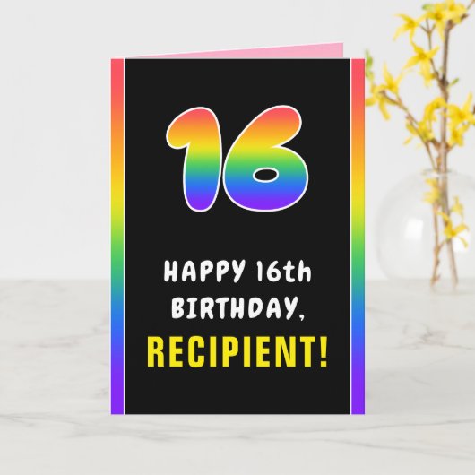 16歳の誕生日：カラフルな虹＃16、カスタムネーム カード (黄色い花)