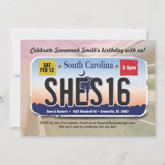 16歳の誕生日 サウスカロライナ州 ライセンス 招待状 (正面)