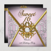 16歳の誕生日 ダマスク ピンク ゴールド ホワイト スイート 招待状 (正面/裏面)