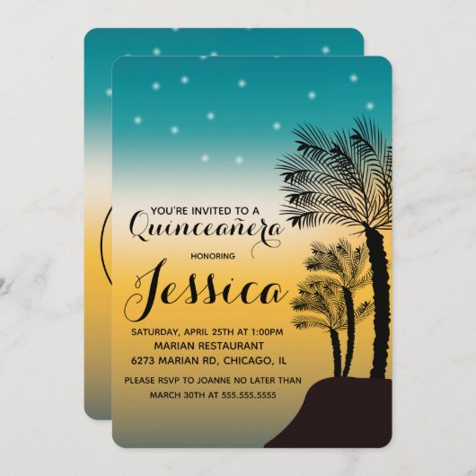 16歳の誕生日 | ティールオンブルサンセットビーチトロピカル 招待状 (正面/裏面)