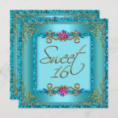 16歳の誕生日 ティールブルー ゴールド フラワーデザイン 招待状 (正面/裏面)