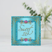 16歳の誕生日 ティールブルー ゴールド フラワーデザイン 招待状 (スタンド正面)