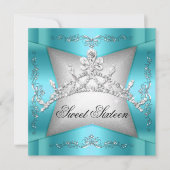 16歳の誕生日 ティールブルー シルバー 王冠 招待状 (正面)
