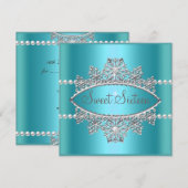 16歳の誕生日 ティールブルー 王冠 パール シルバー 招待状 (正面/裏面)