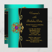 16歳の誕生日 ティール ブルー パープル ゴールド ブラック スイート16 招待状 (正面/裏面)