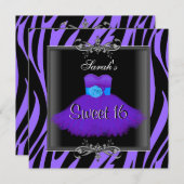 16歳の誕生日 パープル ゼブラ ブラックドレス スイート 招待状 (正面/裏面)