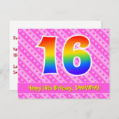 16歳の誕生日：ピンクのストライプとハート、レインボー16 ポストカード (正面/裏面)