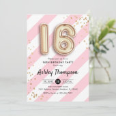 16歳の誕生日 - ピンクのストライプ ゴールド風船 招待状 (スタンド正面)