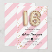 16歳の誕生日 - ピンクのストライプ ゴールド風船 招待状 (正面/裏面)