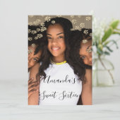 16歳の誕生日  ピンクの花 ゴールドオンブル フォト グレー 招待状 (スタンド正面)