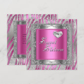 16歳の誕生日 ピンク シルバー ハート 招待状 (正面/裏面)