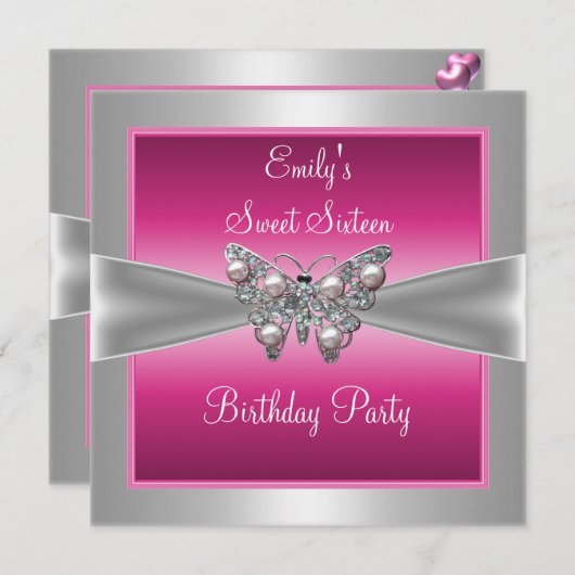 16歳の誕生日 ピンク シルバー 蝶 スイート16 お誕生日4 招待状 (正面/裏面)