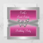 16歳の誕生日 ピンク シルバー 蝶 スイート16 お誕生日4 招待状 (正面)