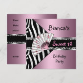 16歳の誕生日 ピンク ファン ブラック ゼブラ レオパード 招待状 (正面/裏面)
