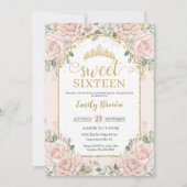 16歳の誕生日 ブッシュピンクの花のゴールド おしゃれな16歳の誕生日 招待状 (正面)