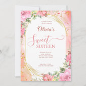 16歳の誕生日 ブッシュピンクの花のボヘミアンスタイル エレガントパーティー 招待状 (正面)