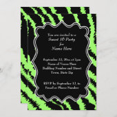 16歳の誕生日 ブラックとライムグリーンのゼブラ柄 招待状 (正面/裏面)
