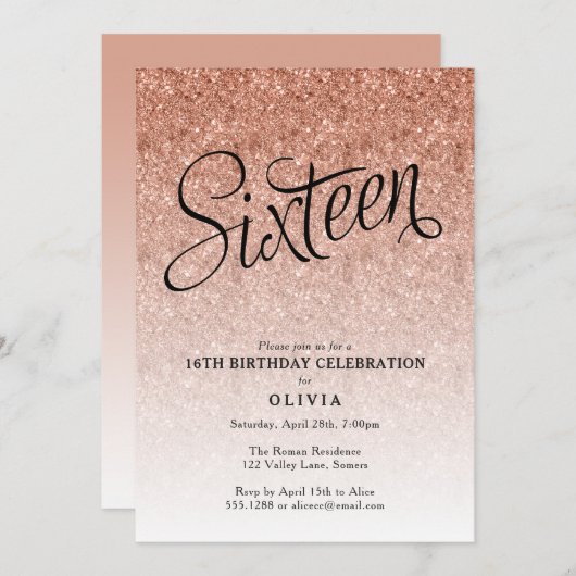 16歳の誕生日 ローズゴールド オンブレ グリッター 招待状 (正面/裏面)