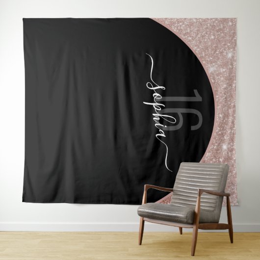 16歳の誕生日 ローズゴールド グリッター アーチ パーソナライズド タペストリー (インサイチュ(横))