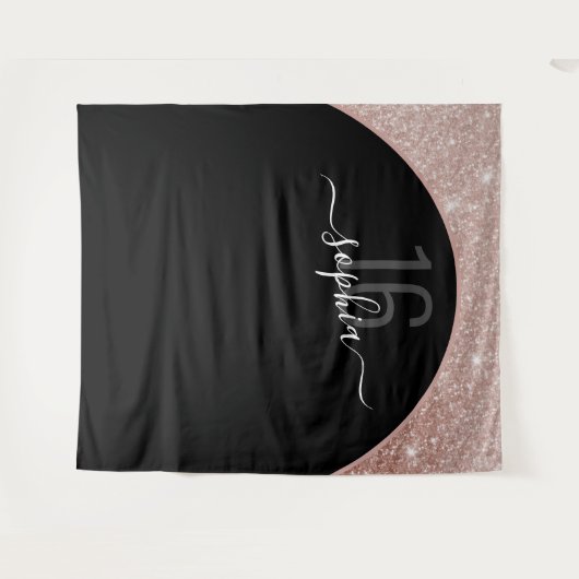 16歳の誕生日 ローズゴールド グリッター アーチ パーソナライズド タペストリー (正面(横))