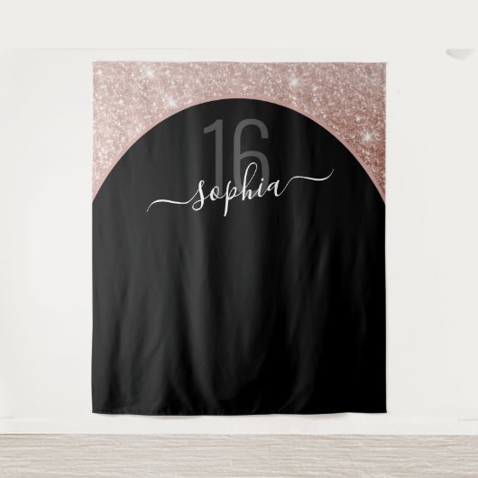 16歳の誕生日 ローズゴールド グリッター アーチ パーソナライズド タペストリー (正面)
