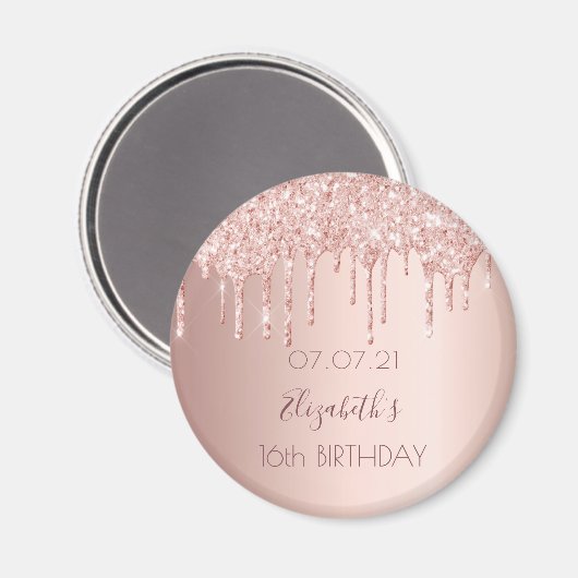 16歳の誕生日 ローズゴールド グリッター ドリップス グラム マグネット (正面/裏面)