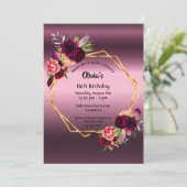 16歳の誕生日 ワインレッド フラワーズ 紫 ジオメトリック 招待状 (スタンド正面)
