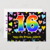 16歳の誕生日：楽しいハート柄、虹色の16 ポストカード (正面/裏面)
