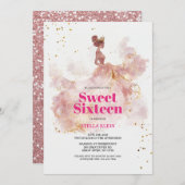 16歳の誕生日 水彩 ゴールドとピンクのグリッター 招待状 (正面/裏面)