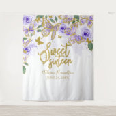 16歳の誕生日 紫の蝶の花の背景 タペストリー (正面)