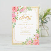 16歳の誕生日 花の優雅なデザイン ローズ チューリップ ピンク 招待状 (スタンド正面)
