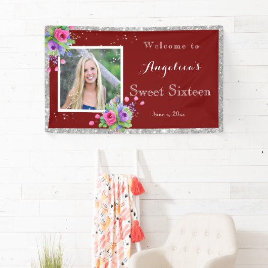 16歳の誕生日 銀色の輝きと美しい花 赤  横断幕 (インサイチュ)