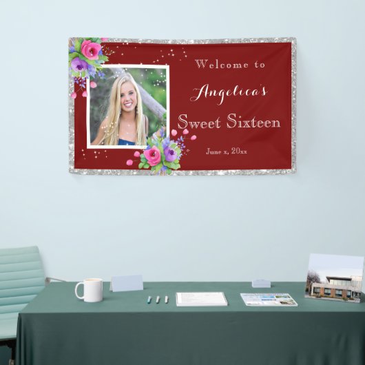 16歳の誕生日 銀色の輝きと美しい花 赤  横断幕 (トレードショー)
