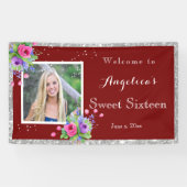 16歳の誕生日 銀色の輝きと美しい花 赤  横断幕 (横)