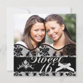 16歳の誕生日 黒の双子 フォト スウィート シックスティーン 招待状 (正面)