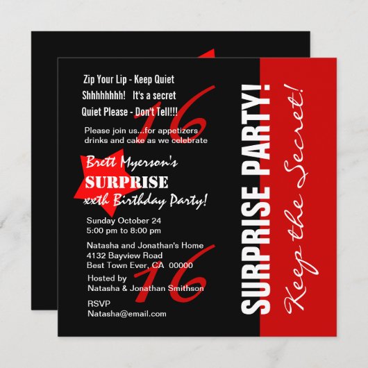 16番目のサプライズ誕生日(白黒) A08星 招待状 (正面/裏面)