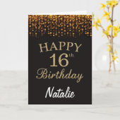 16番目の誕生日ブラック&金ゴールドグリッターカード カード (黄色い花)