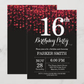 16番目の誕生日招待状レッドグリッター 招待状 (正面/裏面)
