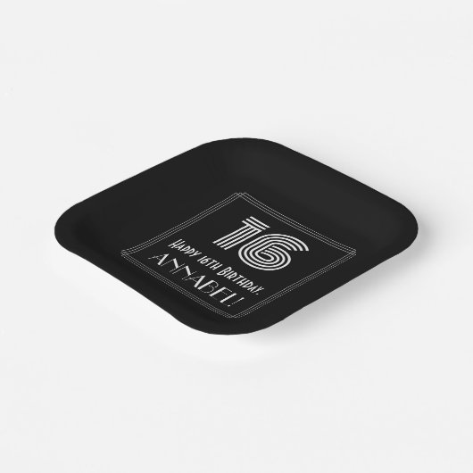 16番目の誕生日:インスパイアアールデコの外観「16」 +名前 ペーパープレート (傾斜あり)