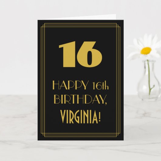 16番目の誕生日-インスパイアアールデコルック"16" & Name カード (小さな植物)