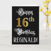 16番目の誕生日:ファンシースクリプト、フェイク金ゴールド・ルック、名前 カード (黄色い花)