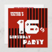 16番目または任意の誕生日モダンレッドブラックストライプT16A 招待状 (正面/裏面)