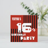 16番目または任意の誕生日モダンレッドブラックストライプT16A 招待状 (スタンド正面)