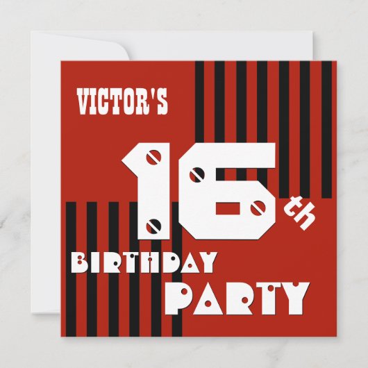 16番目または任意の誕生日モダンレッドブラックストライプT16A 招待状 (正面)