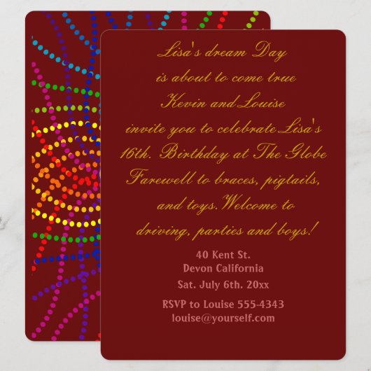 16誕生日の招待。 招待状 (正面/裏面)